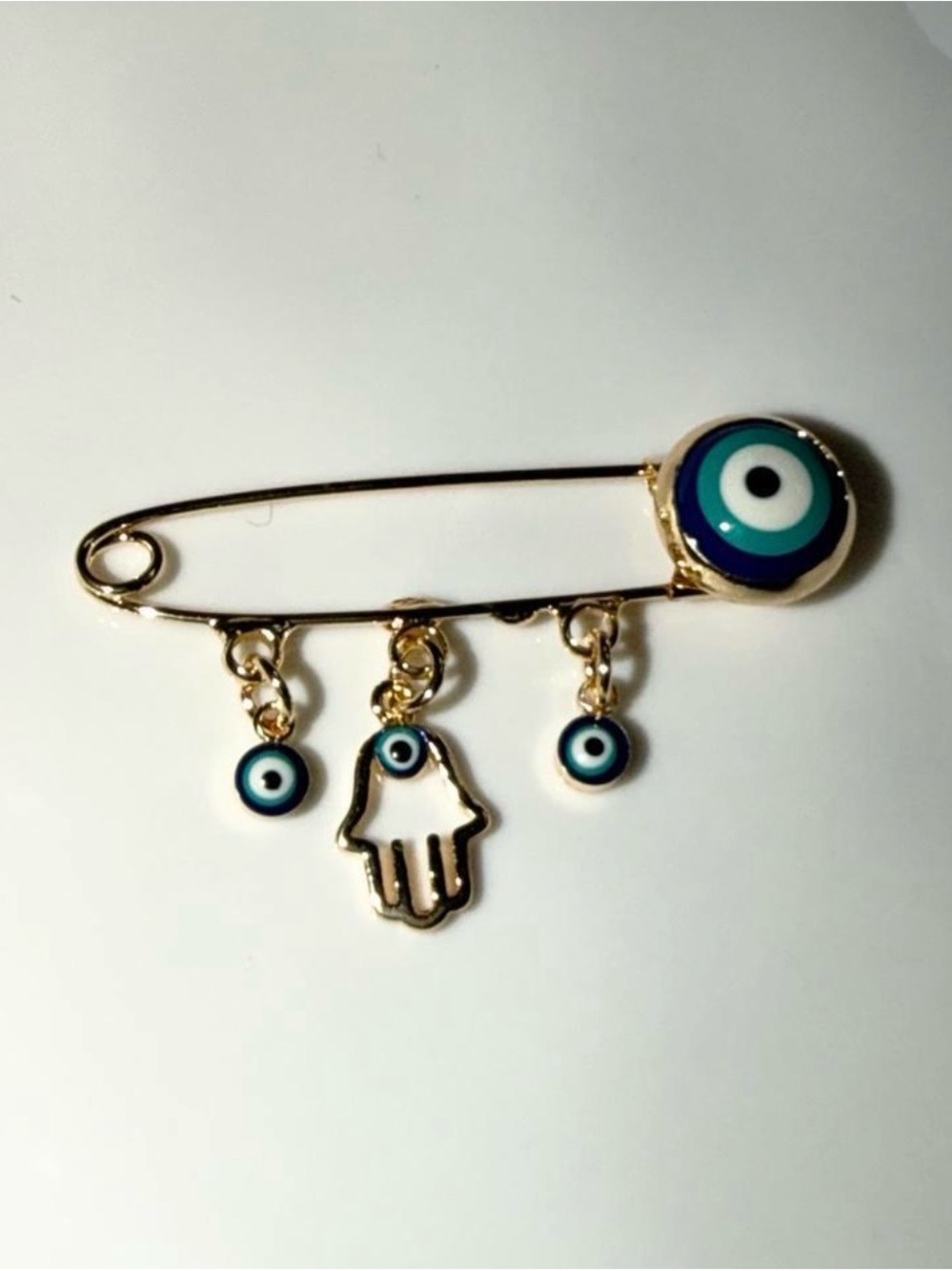Gold Hamsa & Evil Eye Safety Pin Charm - Blue
